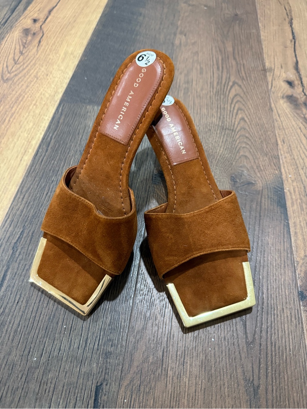 Good American Tan Suede Slide Mules with Gold Trim